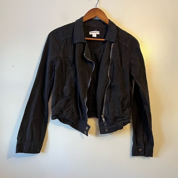 Cotton on black charcoal zip up moto jacket cropped long sleeve collared XL - Picture 3 of 7